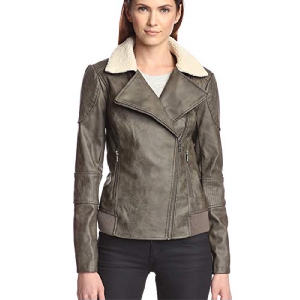 Sam Edelman Sherpa Lined Vegan Leather Aviator Fitted Moto Jacket- SZ XS